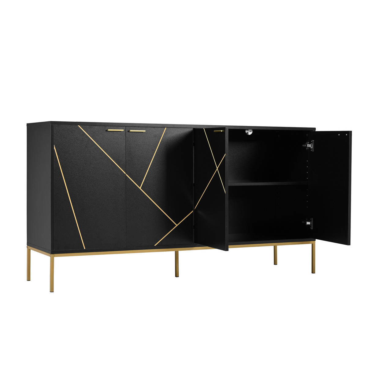SIDEBOARD aus Spanplatte 40x150x80 cm Schwarz mit goldfarbenen Details, verstellbarem Einlegeboden und Metallfüßen - Schwarz, Holzwerkstoff (150/80/40cm) - Modfu