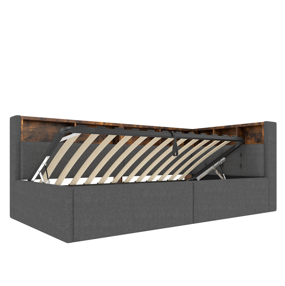 DENNÁ posteľ z MDF a ľanu 90x200 cm sivá s LED osvetlením, USB a Type-C portami a hydraulickým úložným priestorom - sivá, textil (90/200cm) - Modfu