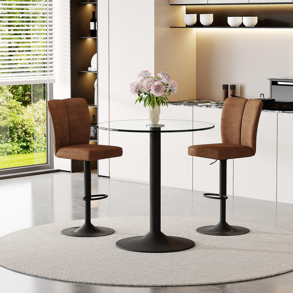 TISCHGRUPPE 3-tlg Glastisch 89 cm & 2 drehbaren Barhockern Braun - Braun, Glas/Metall (93.5/5.5/93.5cm) - Raelunyi