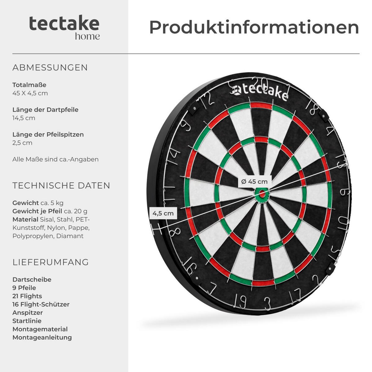 DARTSCHEIBE Bully,Zubehör aus Anspitzer, 16 Flight-Schützern und Startlinie,schwarz/weiß - Schwarz/Weiß, Naturmaterialen (45/45cm) - tectake