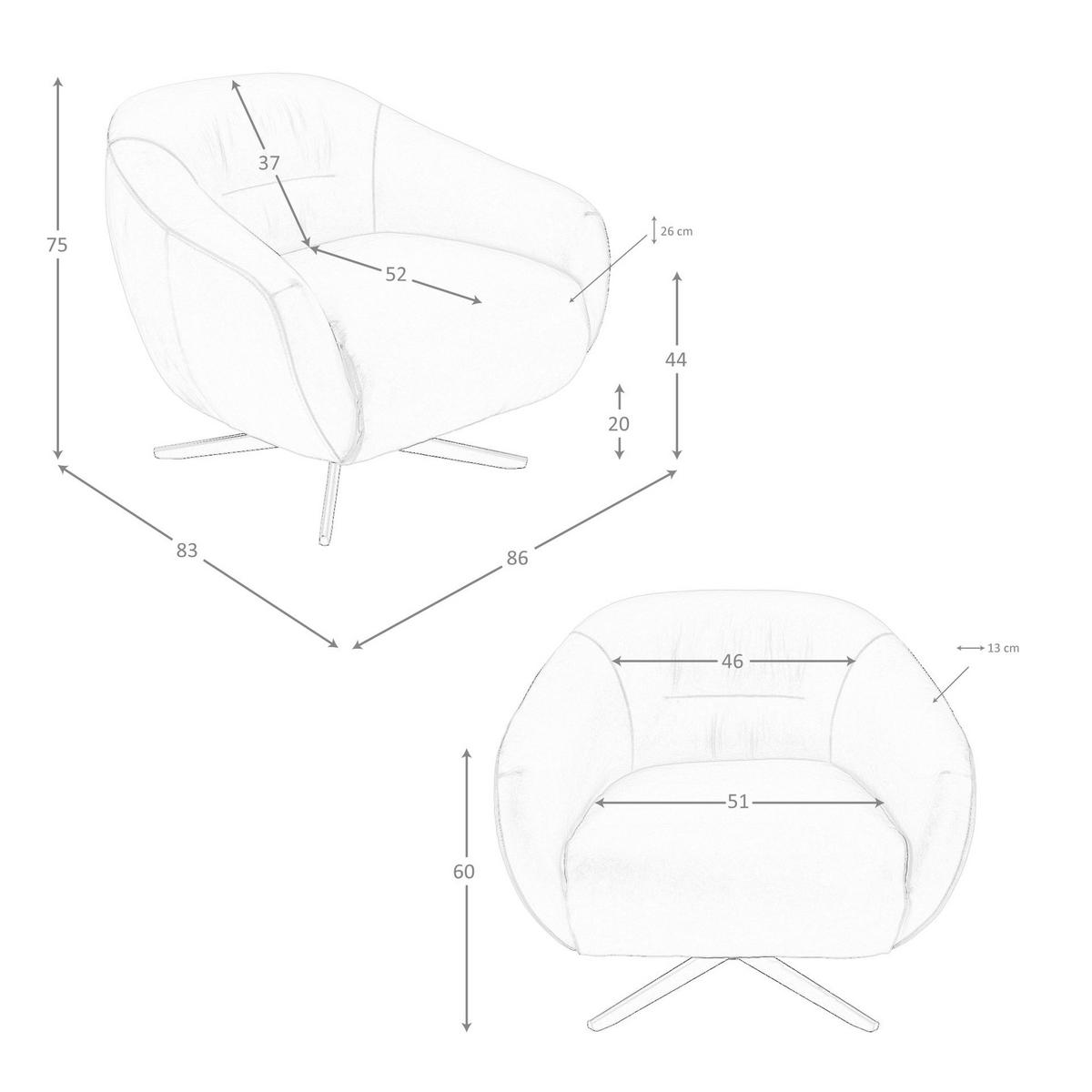 DREHSESSEL asymmetrisch Braun Schwarz 86/83/75 cm - Braun, Leder/Metall (86/75/83cm) - ANGEL CERDA