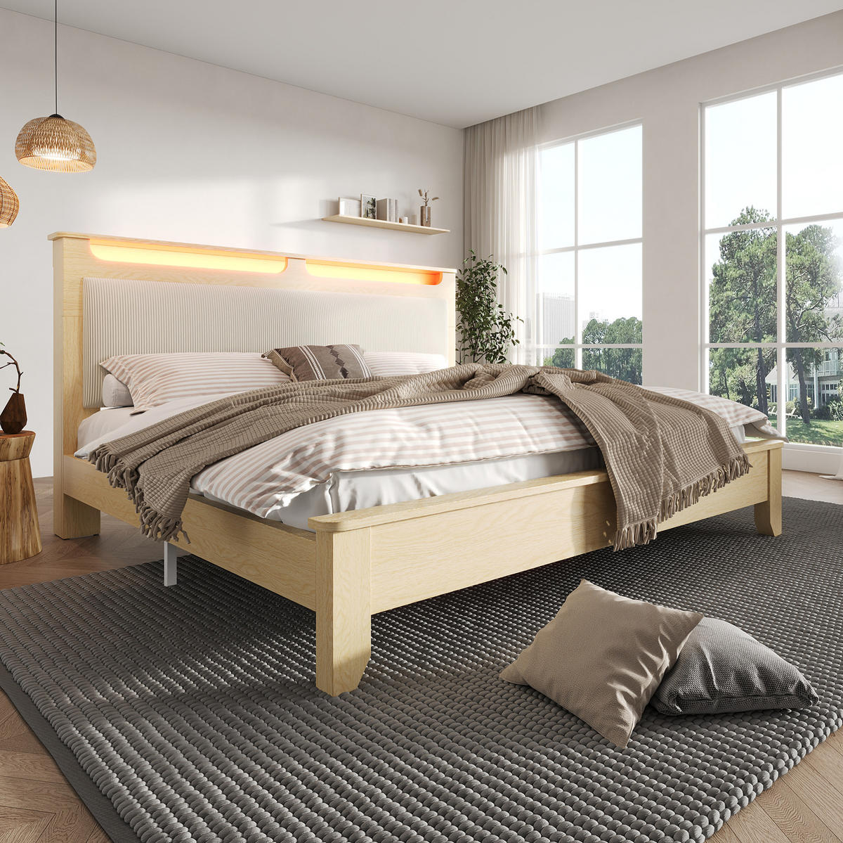 POLSTERBETT mit LED-Beleuchtung 180/200 cm mit Cord-Kopfteil und Lattenrost - Beige, Textil (180/200cm) - BEAOK