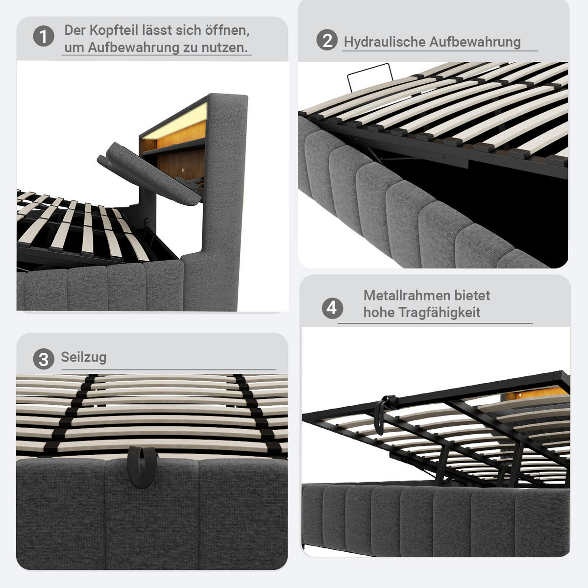 BOXBETT 180/200 mit Bettkasten, LED/USB-C, Lattenrost, Leinen, Grau - Grau, Holz/Textil (180/200cm) - LVHOM