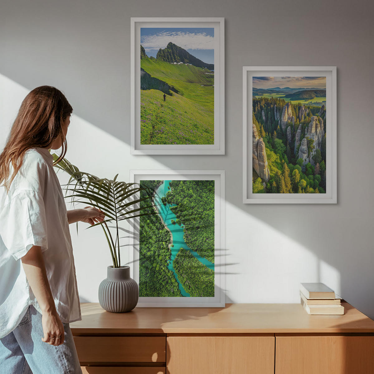 WANDBILDER 3er-Set - 40x60 cm Weißer Rahmen - Grüne Berge, Flussfelsen - Weiß, Kunststoff (40/60cm) - ArtPrintCave