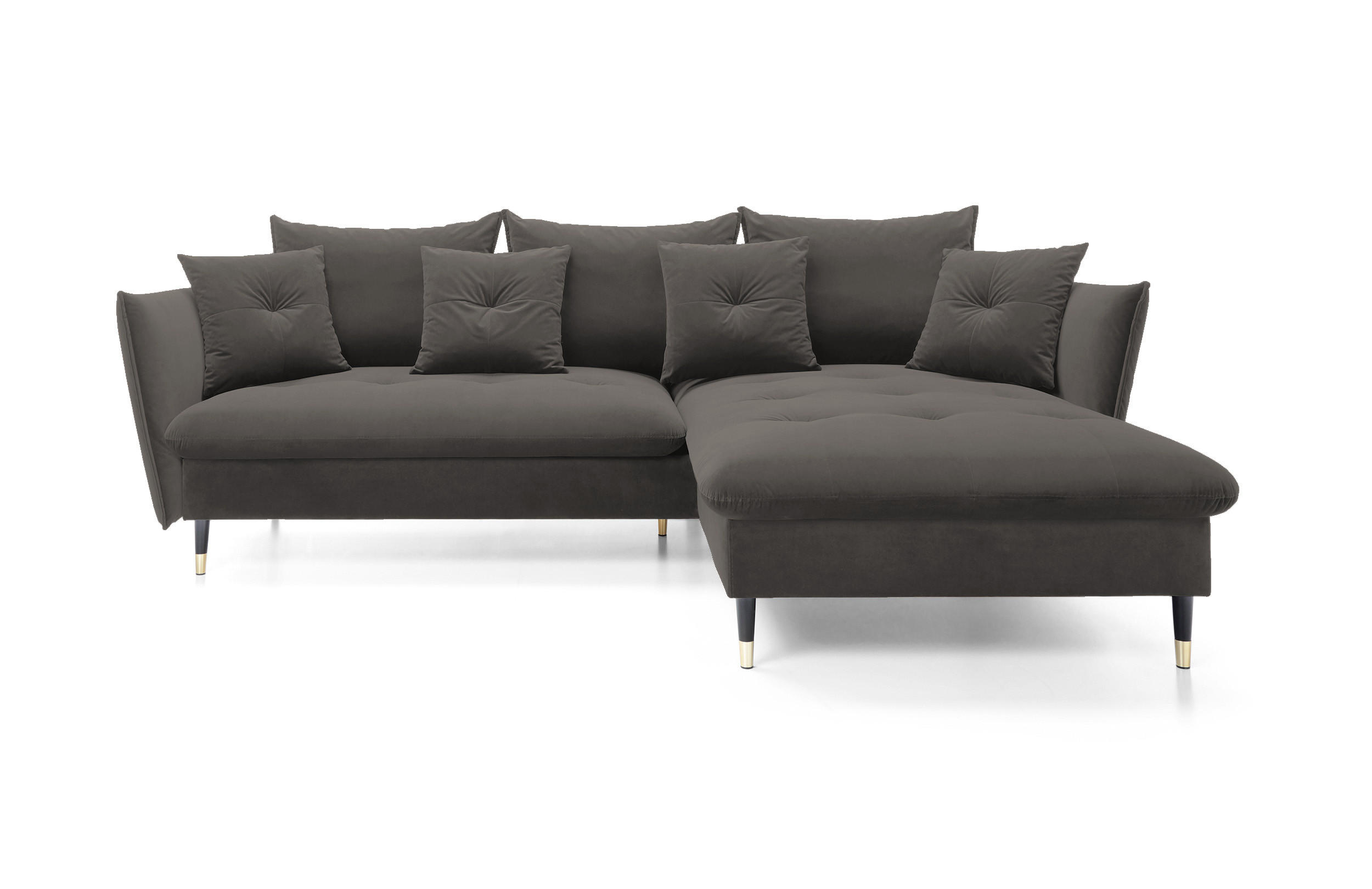 ECKSOFA GLAM mit Schlaffunktion, Ottomane & goldenen Füßen – Samtsofa im Glamour-Stil mit Zierkissen, 258x167x91 cm, rechte, dunkelgrau​ - Dunkelgrau, Holz/Textil (258/167cm) - DomoHome