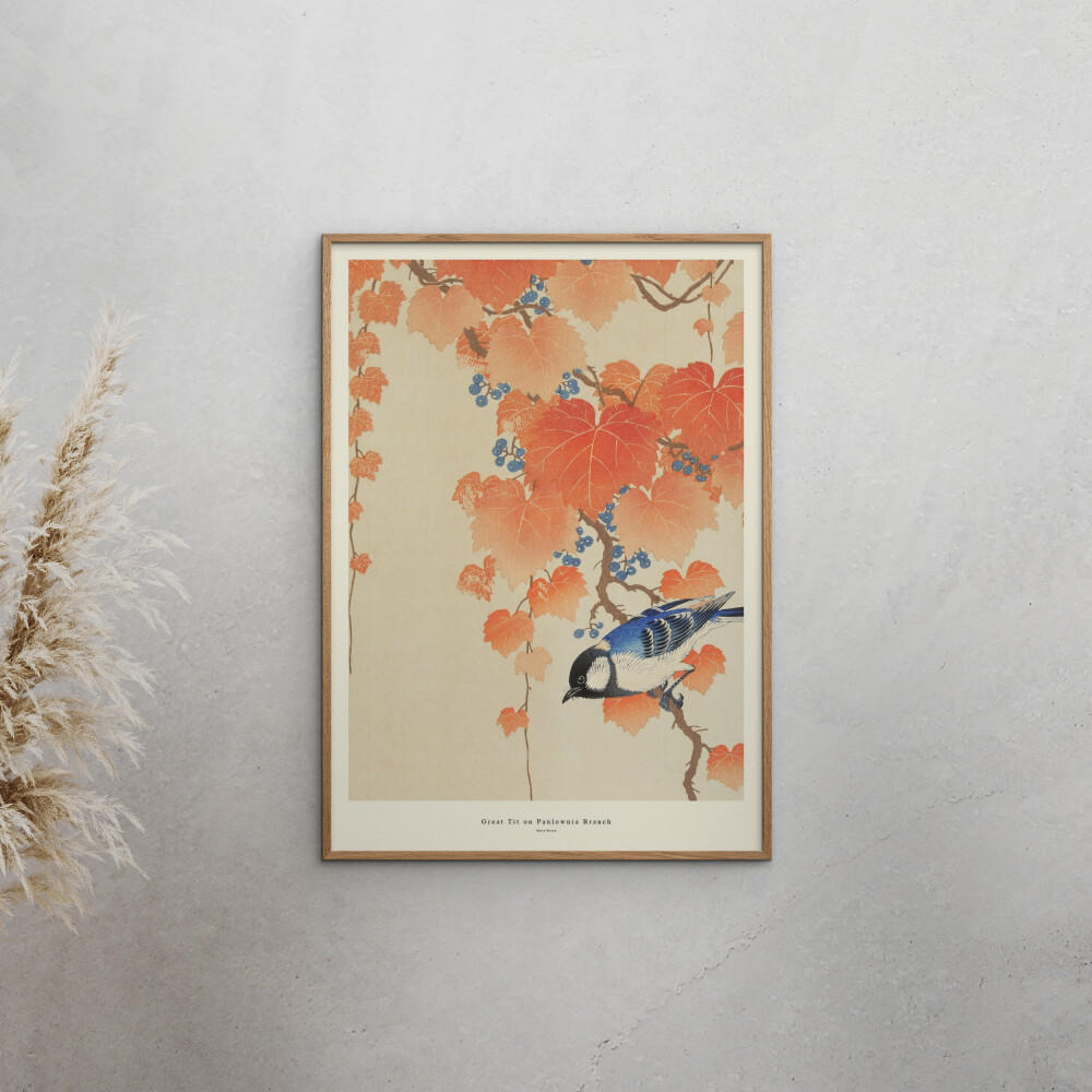 POSTER mit Rahmen A.P. Atelier - Great Tit on Paulownia Branch - Eichefarben/Orange, Holz/Papier (70/100cm) - Poster&Frame