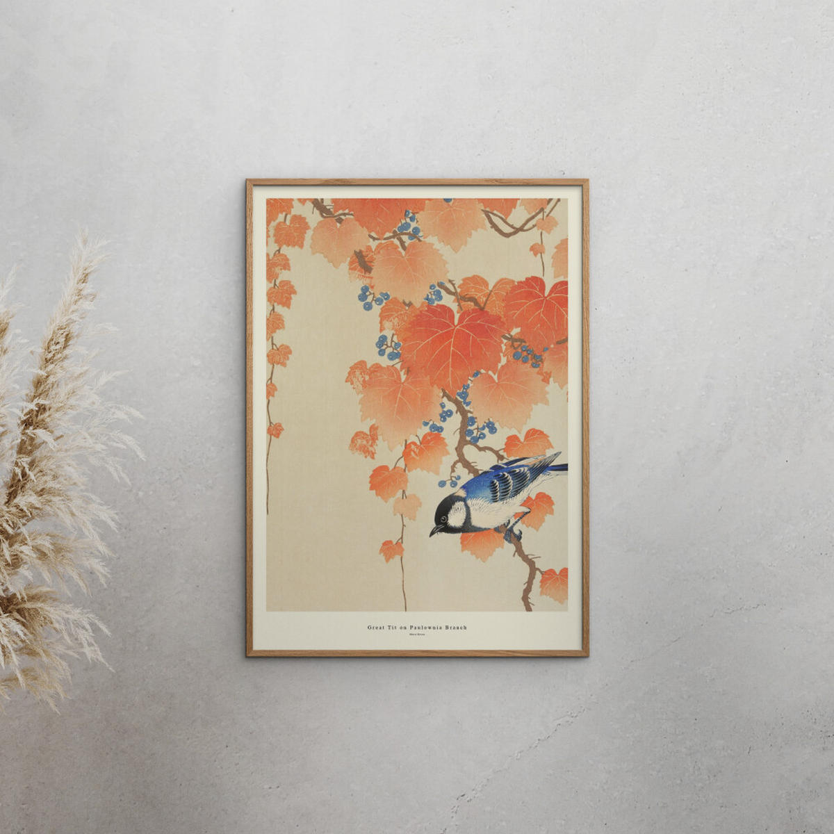 POSTER mit Rahmen A.P. Atelier - Great Tit on Paulownia Branch - Eichefarben/Orange, Holz/Papier (70/100cm) - Poster&Frame