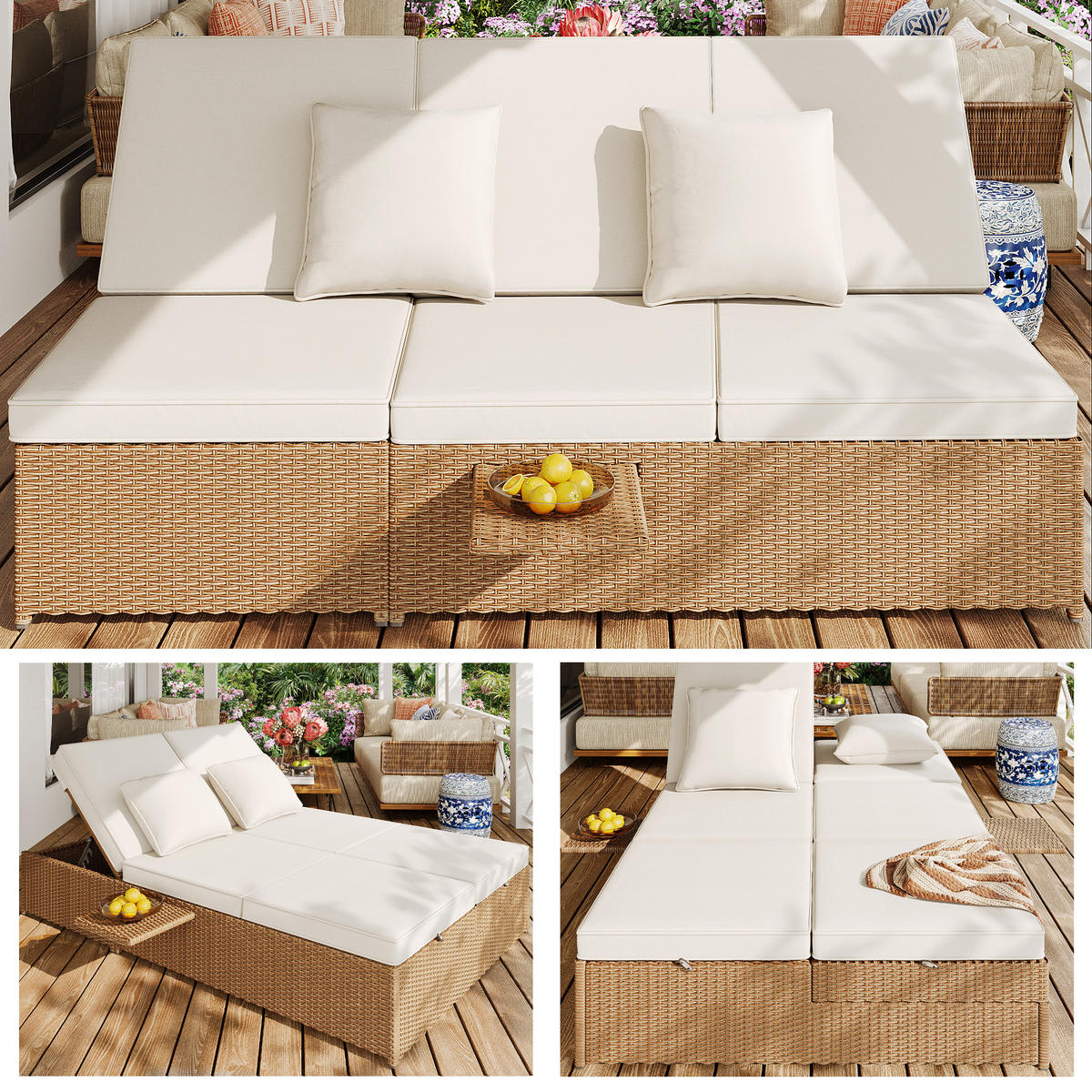 GARTENLIEGE Doppelbett Rattan Klappbar Wetterfest Mit Kissen Weiß - Weiß, Metall (120/37/199cm) - FLIEKS