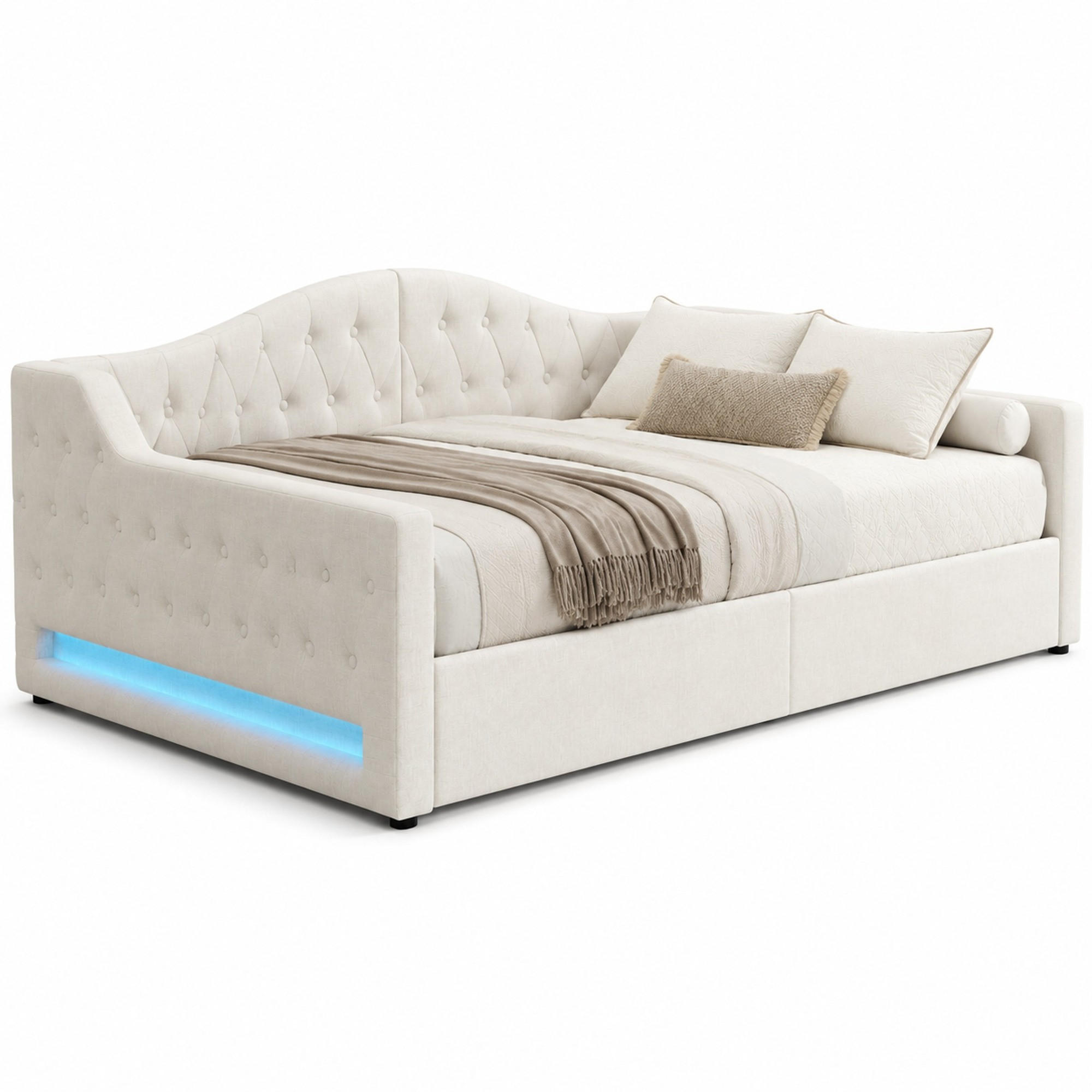 POLSTERBETT 140/200 cm in Beige Leinen mit Stauraum und LED - Beige, Holzwerkstoff/Textil (140/200cm) - CHICFURN