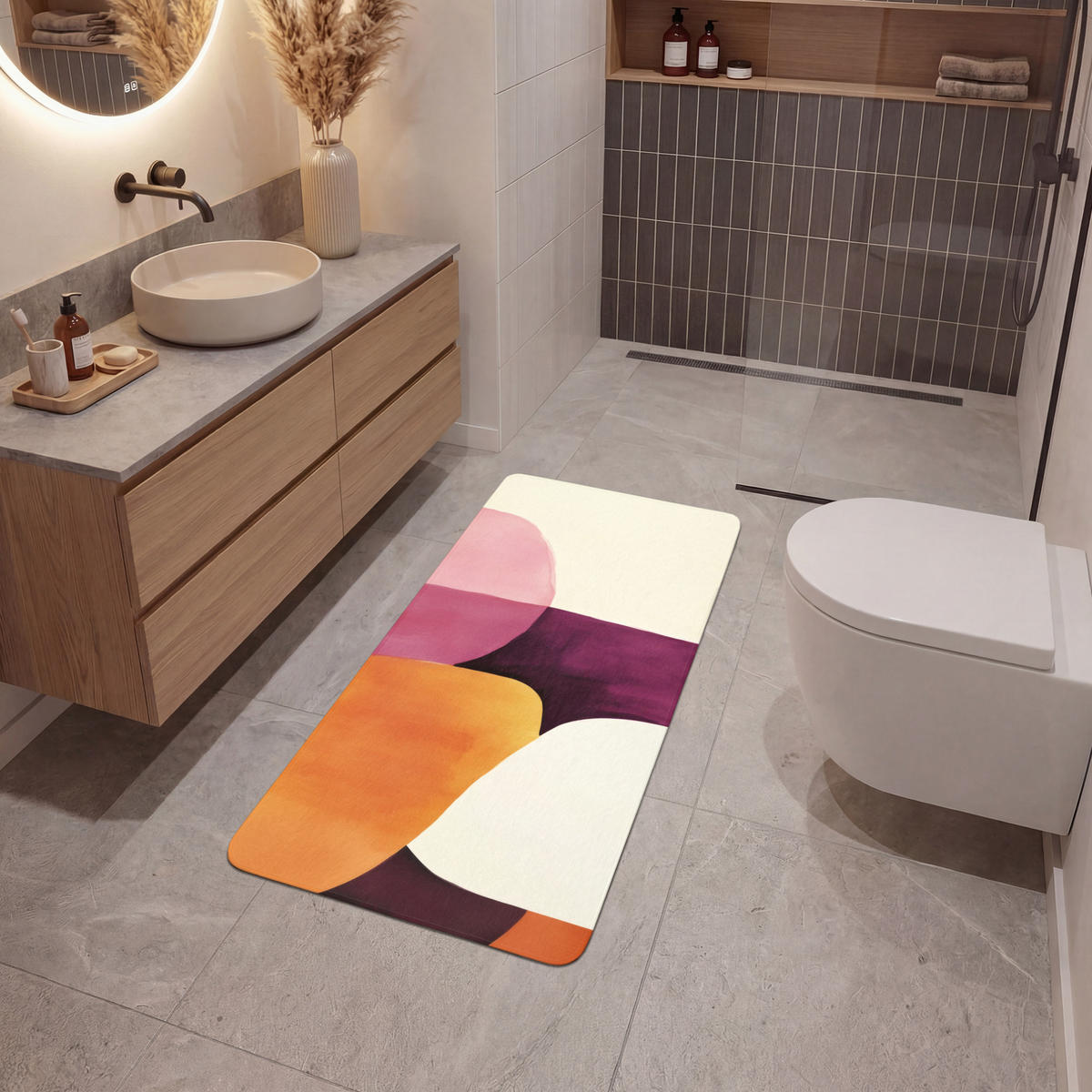 KOUPELNOVÁ PŘEDLOŽKA Tvary - abstraktní - barevné 60x120 cm - terakotová, textil/plast (60/120cm) - OnlyWow