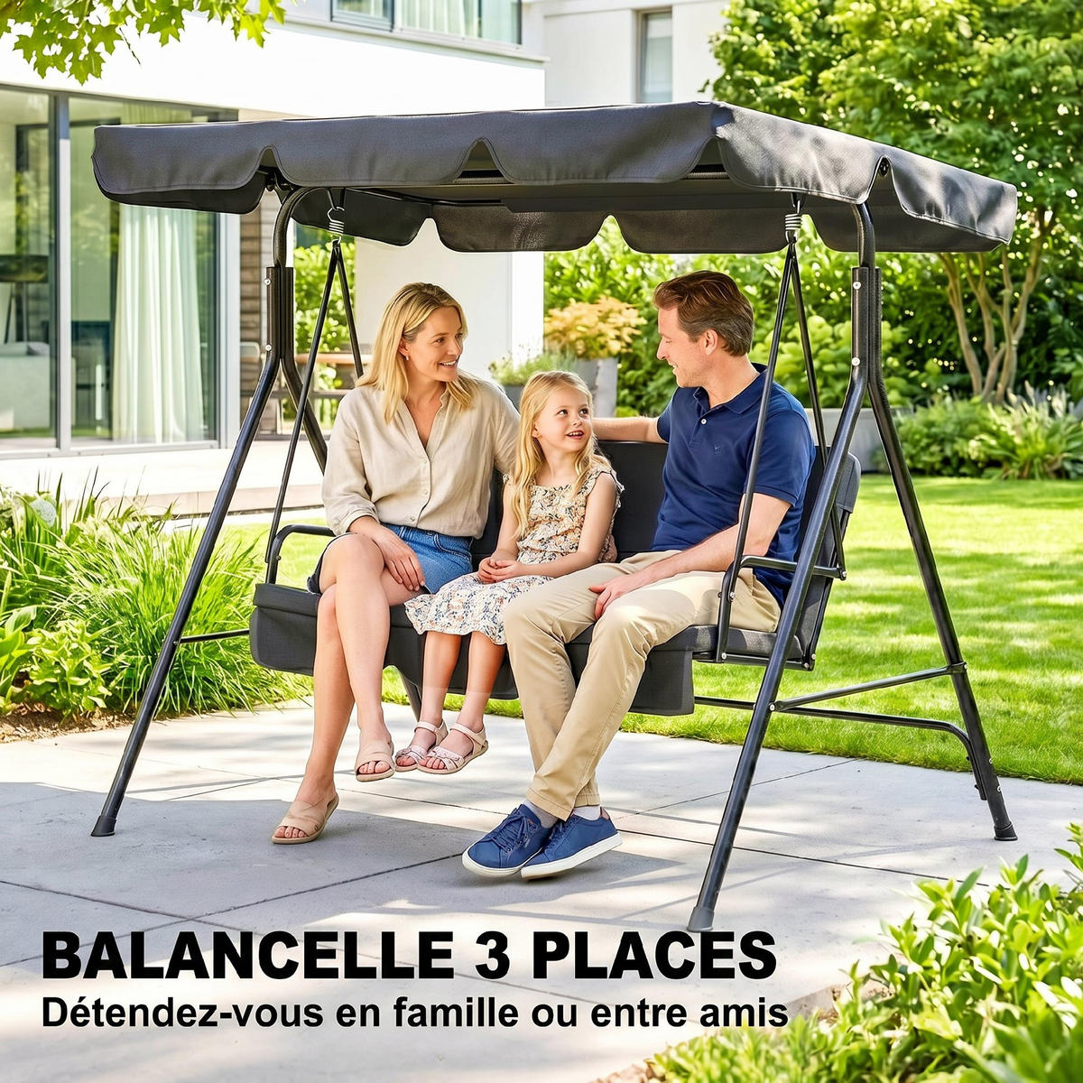 GARTENSCHAUKEL Schwarz 3-Sitzer - Schwarz, Metall (172/153/110cm) - PANGIVO