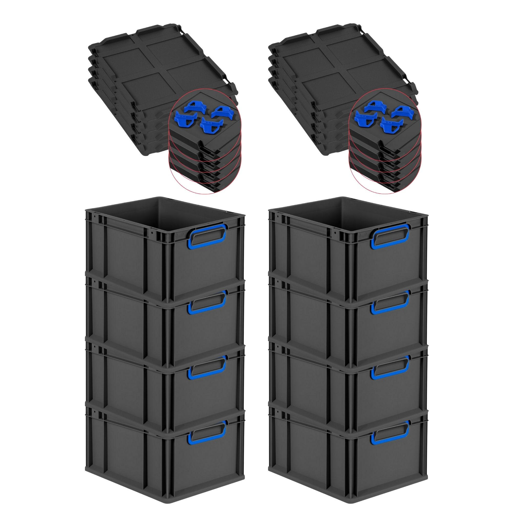 EUROBOX 8x NextGen Color mit Auflagedeckel 22x30x40 cm 20 Liter Schwarz Griffe blau zu - Blau/Schwarz, Kunststoff (30/22/40cm) - PROREGAL