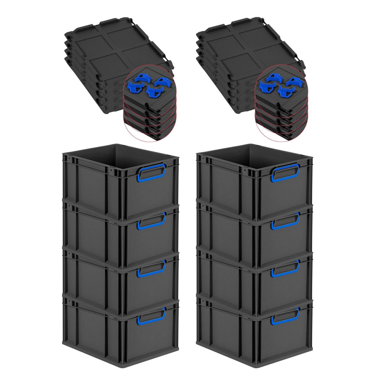 EUROBOX 8x NextGen Color mit Auflagedeckel 22x30x40 cm 20 Liter Schwarz Griffe blau zu - Blau/Schwarz, Kunststoff (30/22/40cm) - PROREGAL