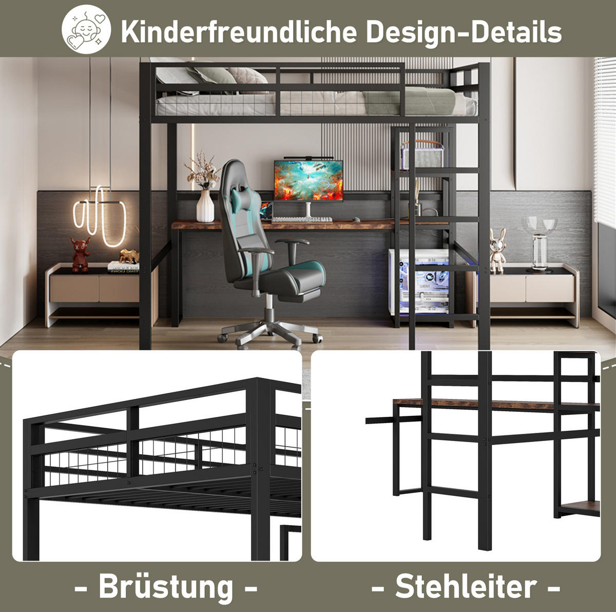 HOCHBETT mit Schreibtisch 140/200 cm in Schwarz – mit Regalen, Leiter und Rausfallschutz - Schwarz, Metall (140/200cm) - BEAOK