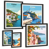 BILDER SET 5er Set - 50x50 cm & 20x30 cm & 40x60 cm Schwarzer Rahmen - Farbenfrohe Illustrationen von Retro-Städten - Schwarz, Kunststoff (40/60cm) - TULUP