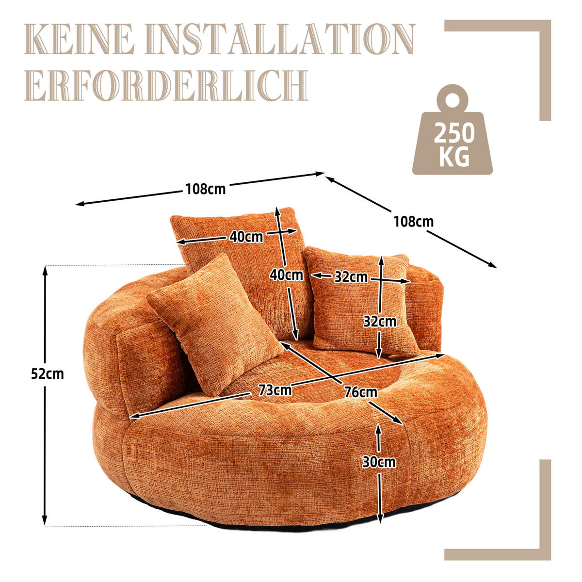 SITZSACK Sessel mit 3 Kissen bequem weich Polstersessel Orange - Orange, Textil (108/52/108cm) - PARAFTA HOME
