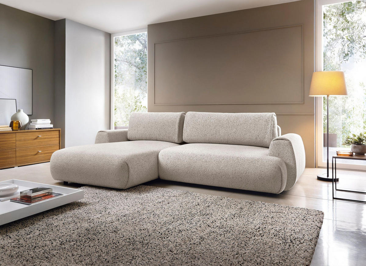 ECKSOFA ZEST Grau Geflochtener Stoff mit Schlaffunktion - Grau, Holz (270/167cm) - MASSENO