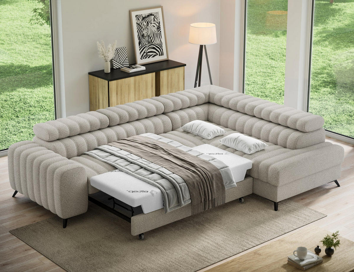 KANEDO Ecksofa mit Schlaffunktion und Bettkasten – Modernes Designsofa, verstellbare Kopfstützen, Metallfüße - Beige, Kunststoff (269/86cm) - Wohnideebilder