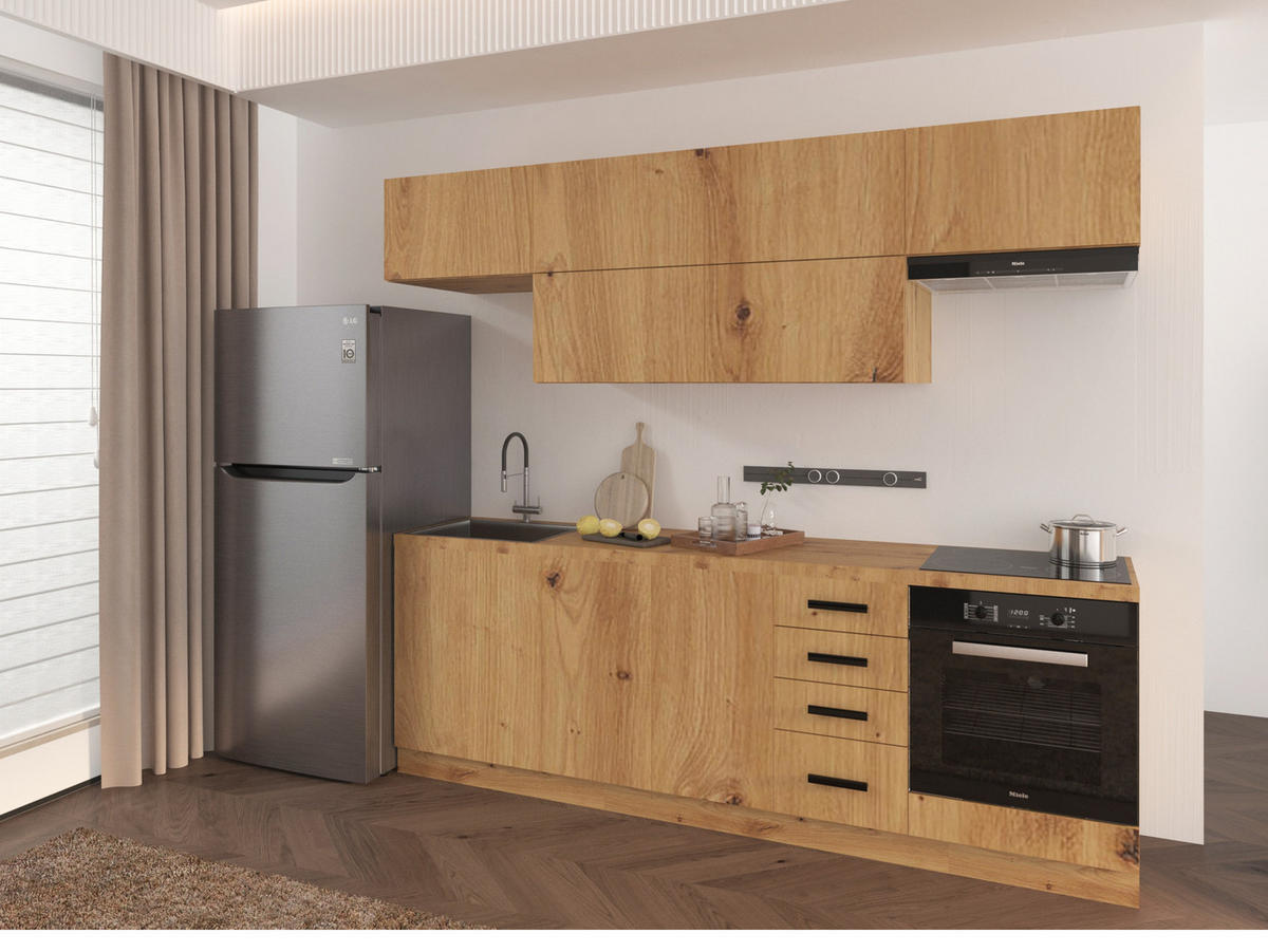 KÜCHENZEILE 240 - Langen KL2-M240 in Artisan Eiche - Schwarz/Eiche Artisan, Holz/Metall (240/212/58cm)