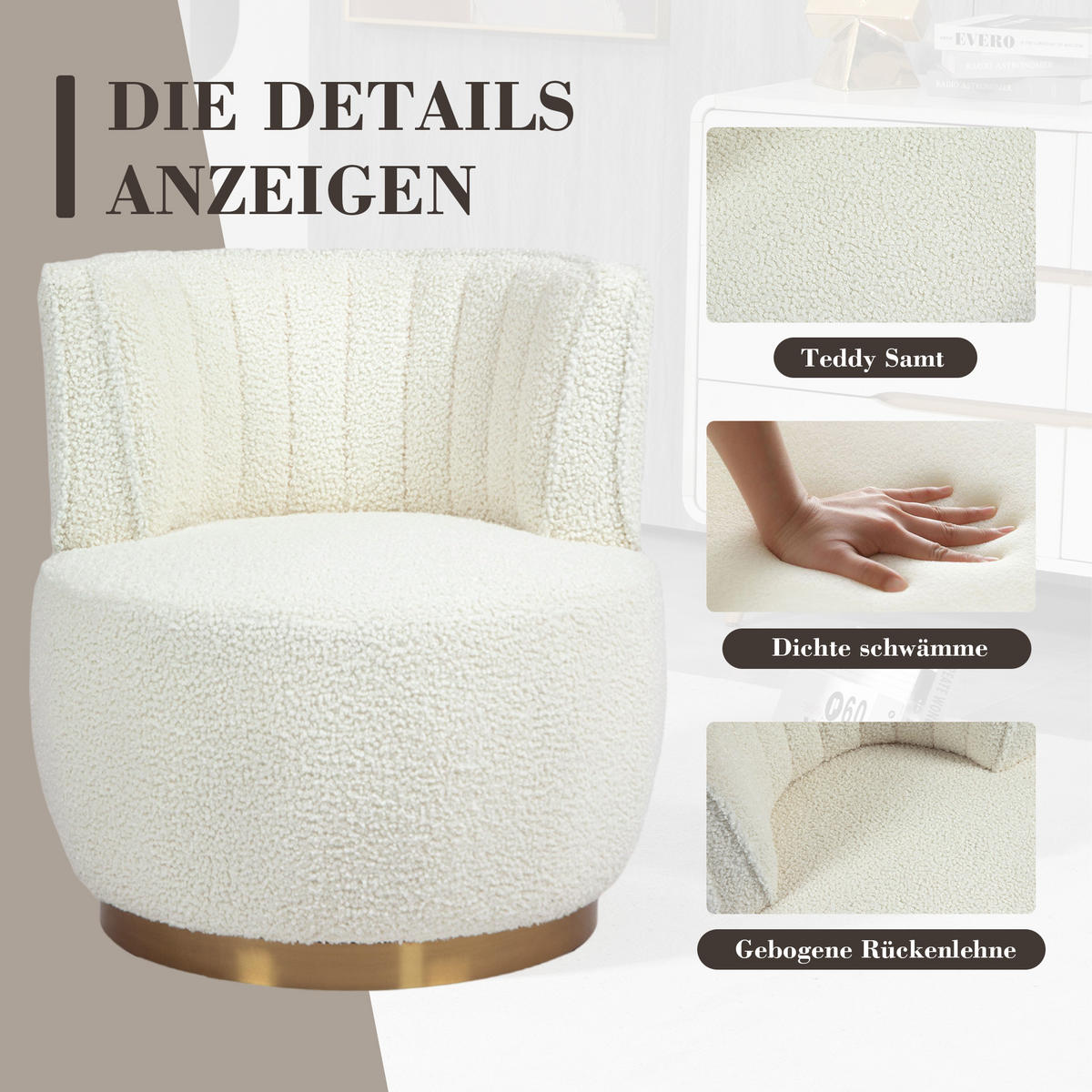 SESSEL Samt/Teddystoff Weiß drehbar - Weiß, Holzwerkstoff/Textil (62.5/69.5/62cm) - WISHDOR