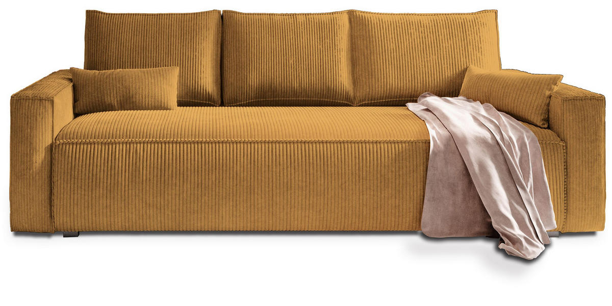 POHOVKA MENI, Manšestrová látka POSO, Žlutá - šedá/žlutá, kompozitní dřevo/textil (232/85/87cm) - MASSENO