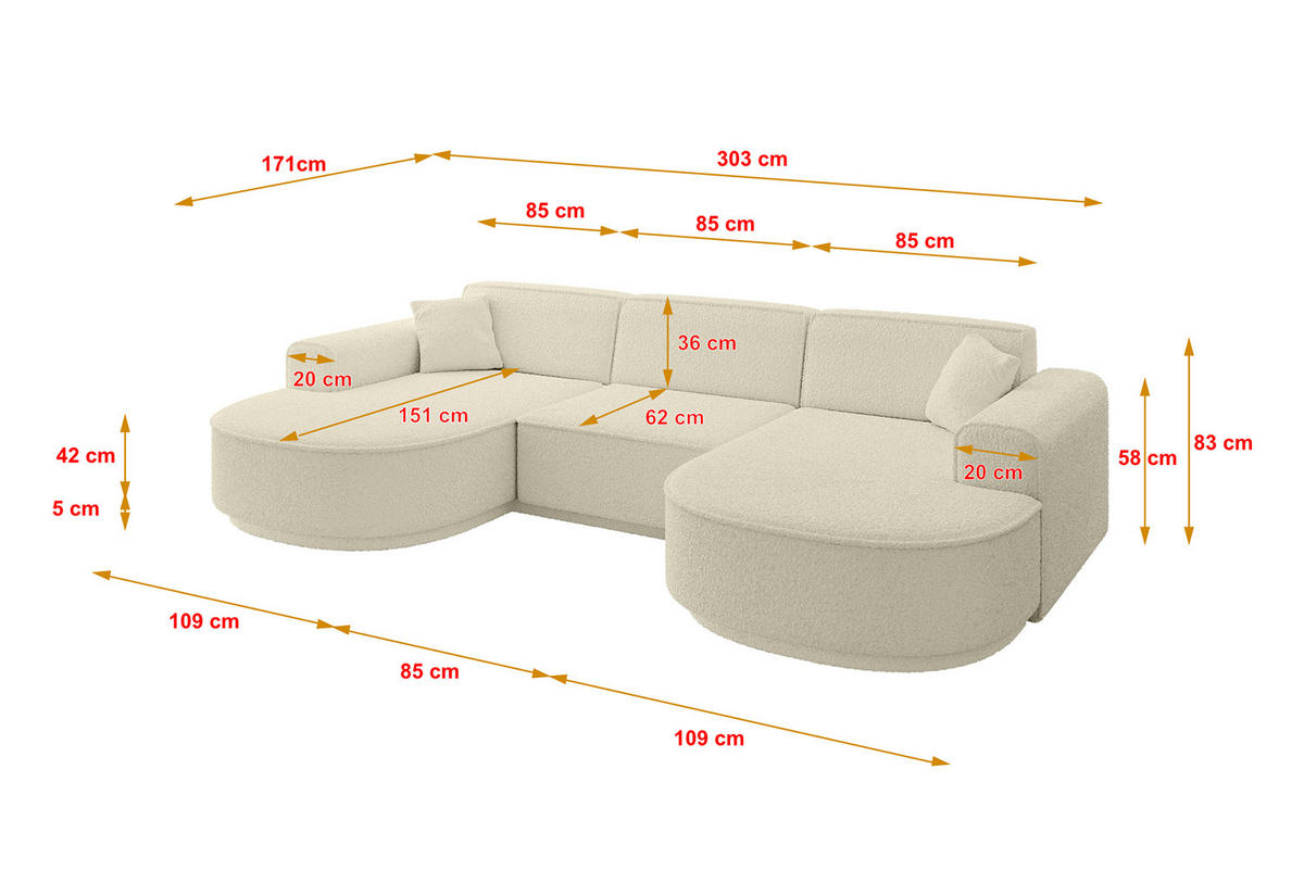 WOHNLANDSCHAFT MARI-U1-v3 - 303x171x83 cm Beige Bouclé - Beige/Schwarz, Holzwerkstoff/Kunststoff (303/83/171cm) - ALTDECOR