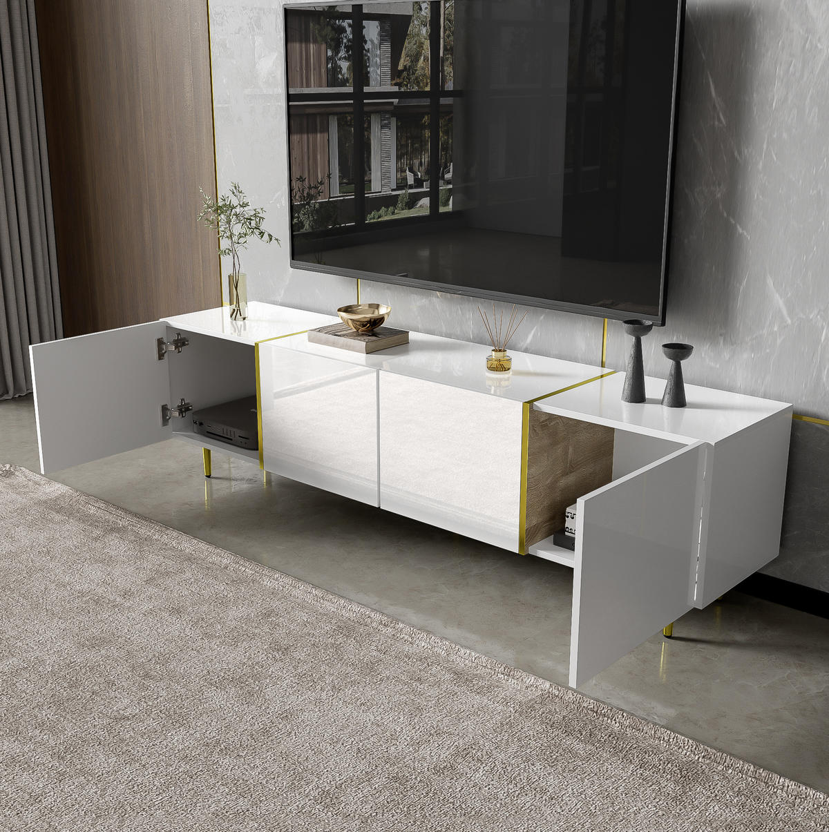 TV-SCHRANK mit 4 Türen 170 cm MDF Weiß Hochglanz - Weiß, Holzwerkstoff (35/46/170cm) - Beauniv