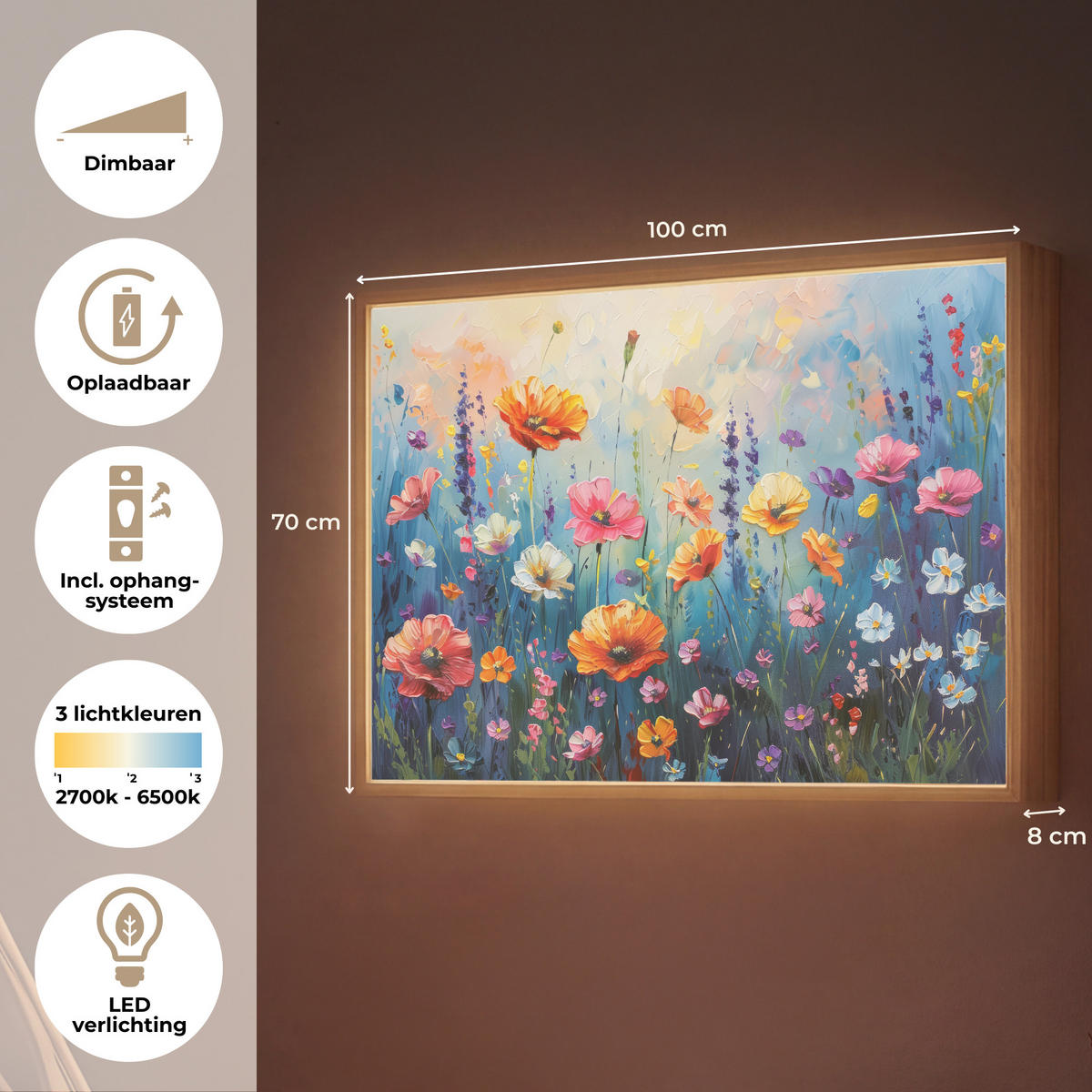 NÁSTĚNNÁ LAMPA S AKUMULÁTOREM Květiny - Příroda - Akvarel - Umění 100x70 cm - různobarevná, kompozitní dřevo (100/70/8cm) - OnlyWow