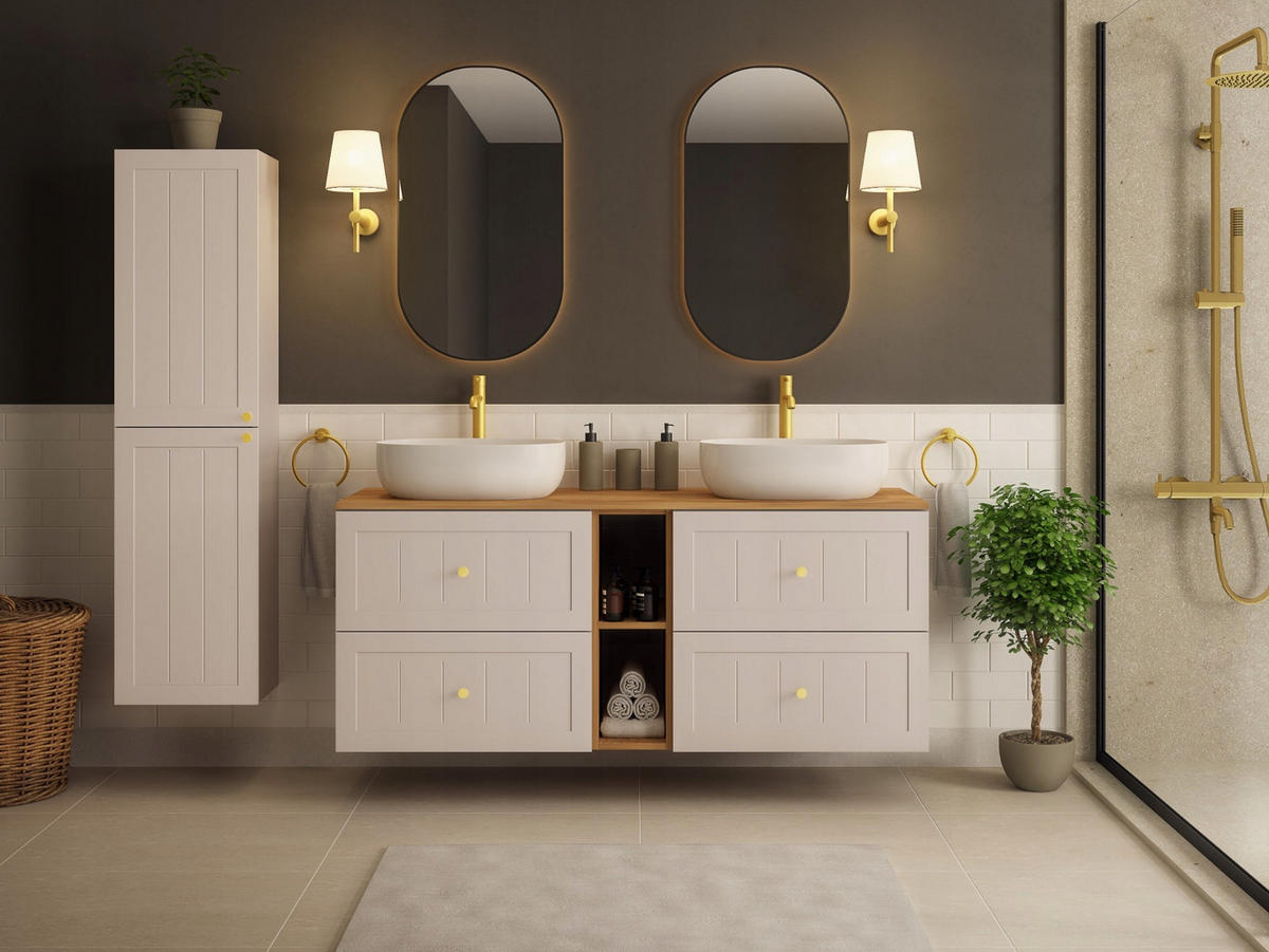 WASCHBECKUNTERSCHRANK GUSTO 140 cm mit Arbeitsplatte Farbe: Eichen Craft mit einem Regal Kaschmir - Kaschmir/Eichefarben, Holzwerkstoff (140/58/46cm) - Rodan