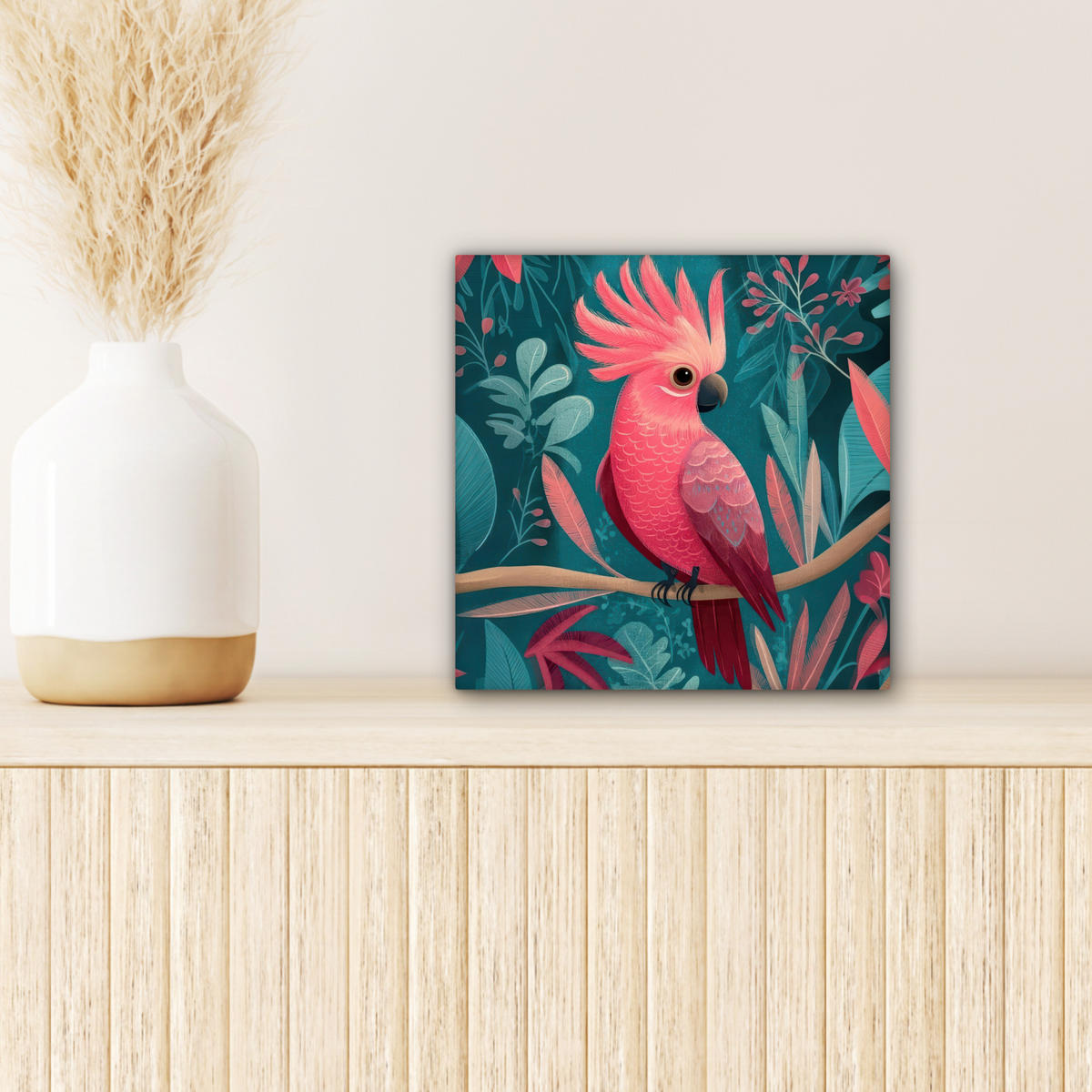 LEINWANDBILD Kakadu - Tropische Blätter - Zweig Deko Wohnzimmer 20x20 cm - Petrol, Textil (20/20cm) - MuchoWow