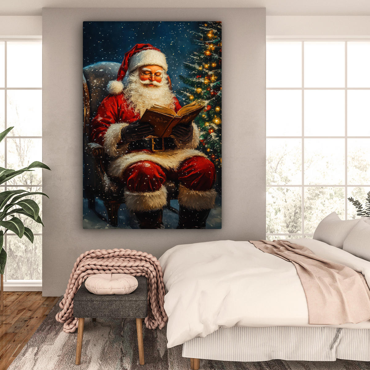 OBRAZ NA PLÁTNĚ Otec Vánoc - Vánoce - Zima - Vánoční stromek 90x140 cm - bordeaux, textil (90/140cm) - MuchoWow