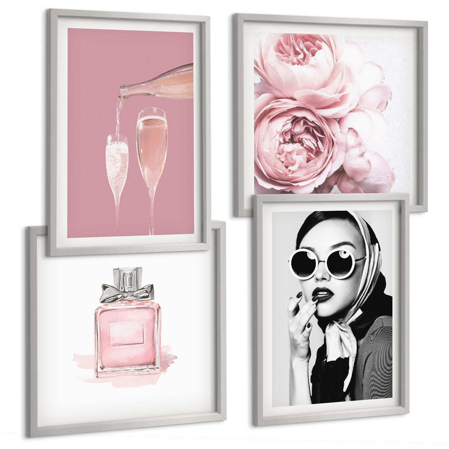 BILDER SET 4er Set - 50x50 cm & 40x60 cm Silberner Rahmen - Stilvolle pinkfarbene Accessoires - Silberfarben, Kunststoff (50/50cm) - TULUP