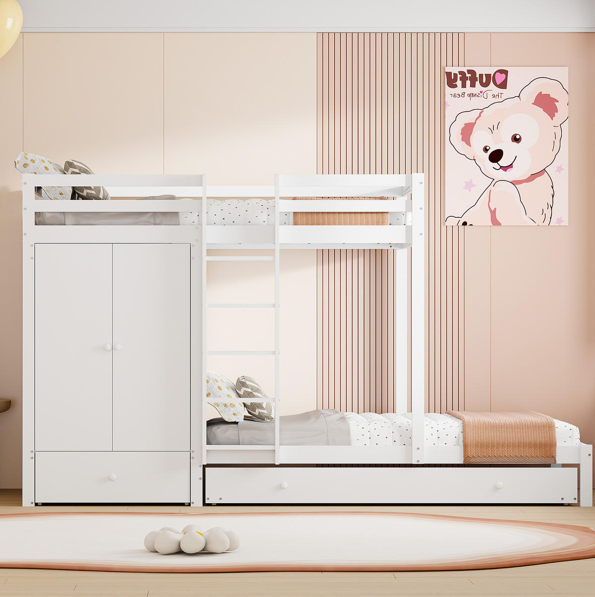 ETAGENBETT aus Massivholz 90x200 cm Weiß mit Ausziehbett, Kleiderschrank, Schubladen und Ablage - Weiß, Holz (90/200cm) - Modfu