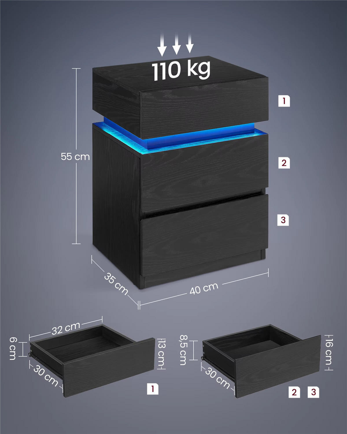 NACHTTISCH LED 40/55/35 cm mit Schubladen Farbwechsel - Schwarz, Holz (40/55/35cm) - Kaket