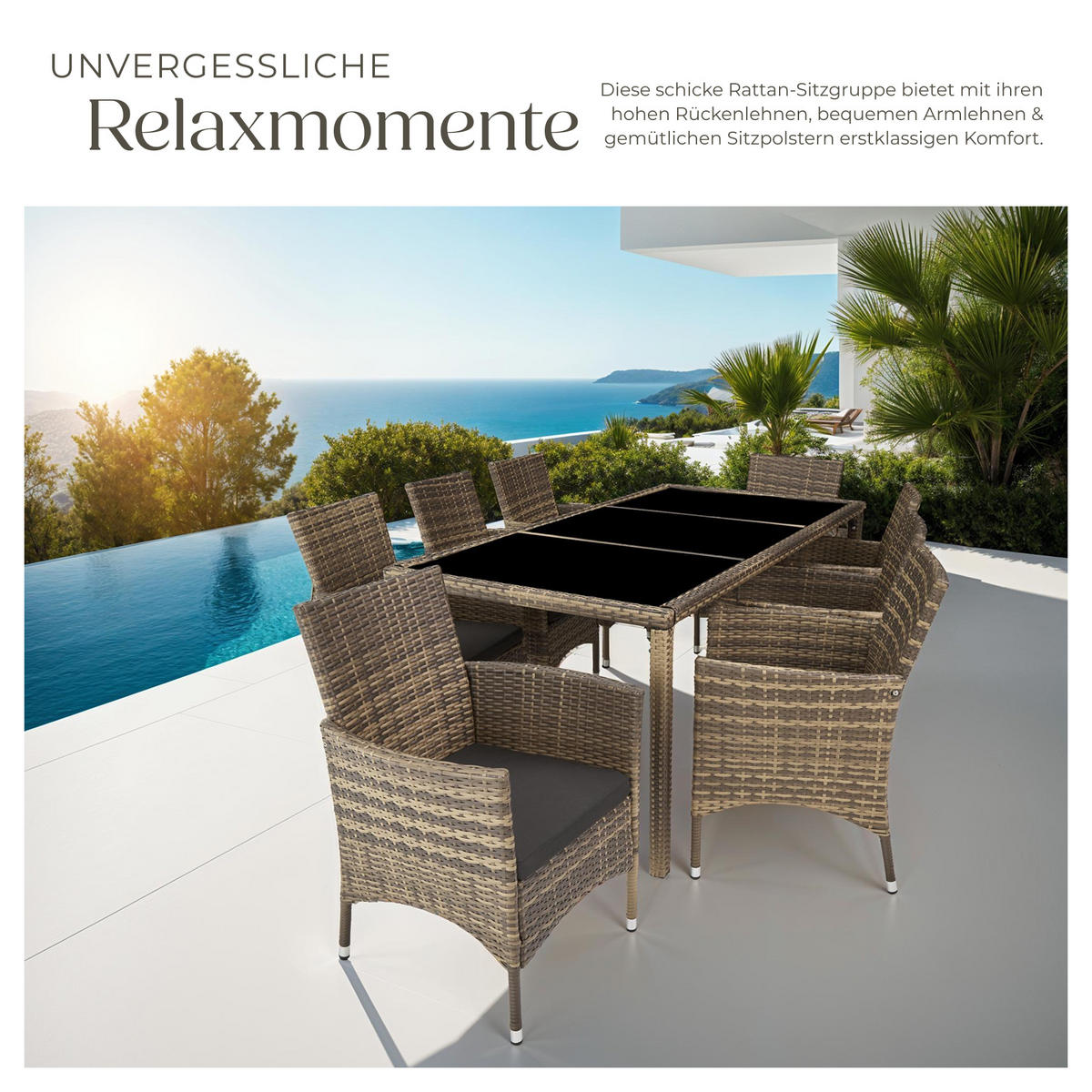 RATTAN SITZGRUPPE Almansa,inklusive Schutzhülle,natur/dunkelgrau - Naturfarben, Kunststoff - tectake
