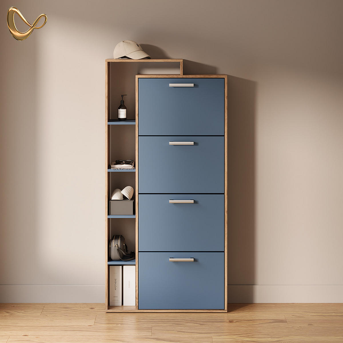 SCHUHKIPPER Ortello Goldkraft Eiche/Blau 80 x 166.1 cm mit 4 Fächern - Eichefarben/Dunkelblau, Holzwerkstoff (80/166.1/24.2cm) - Livinity®