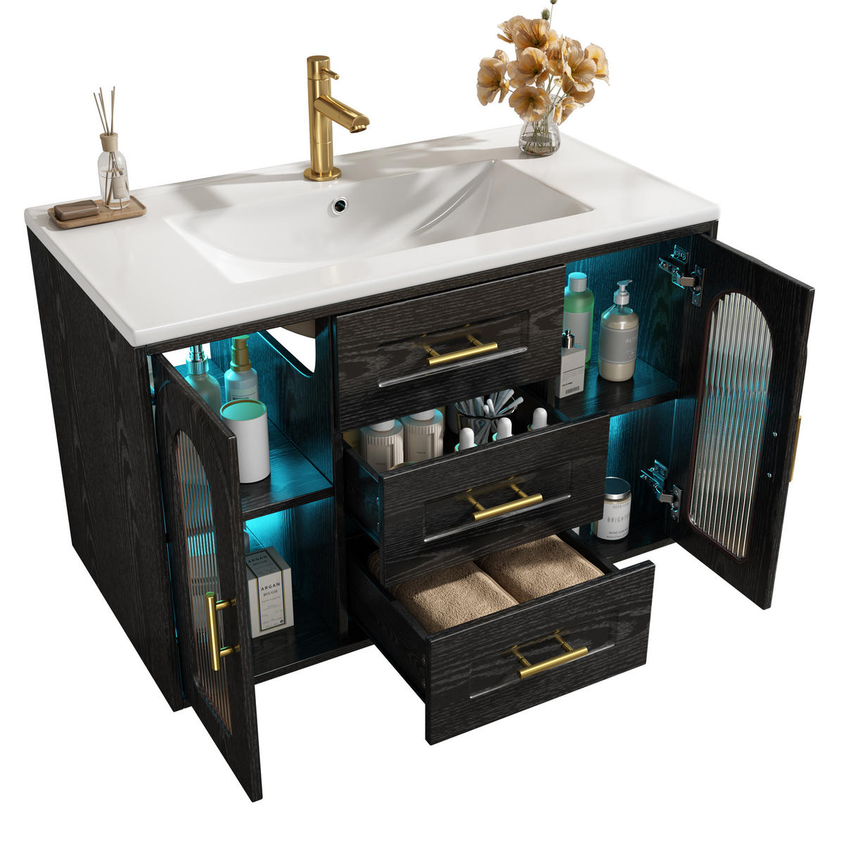 WASCHTISCHUNTERSCHRANK Wandhängend Schwarz mit LED, geriffeltem Glas & Schubladen - Schwarz, Holzwerkstoff (76/55/46cm) - Urban Meuble