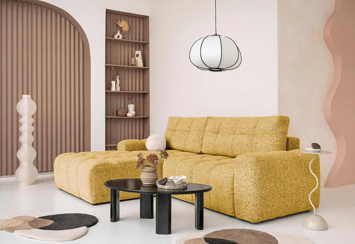 ECKSOFA mit Schlaffunktion - Strukturstoff - Beige/Gelb, Kunststoff/Textil (268/184cm) - home24