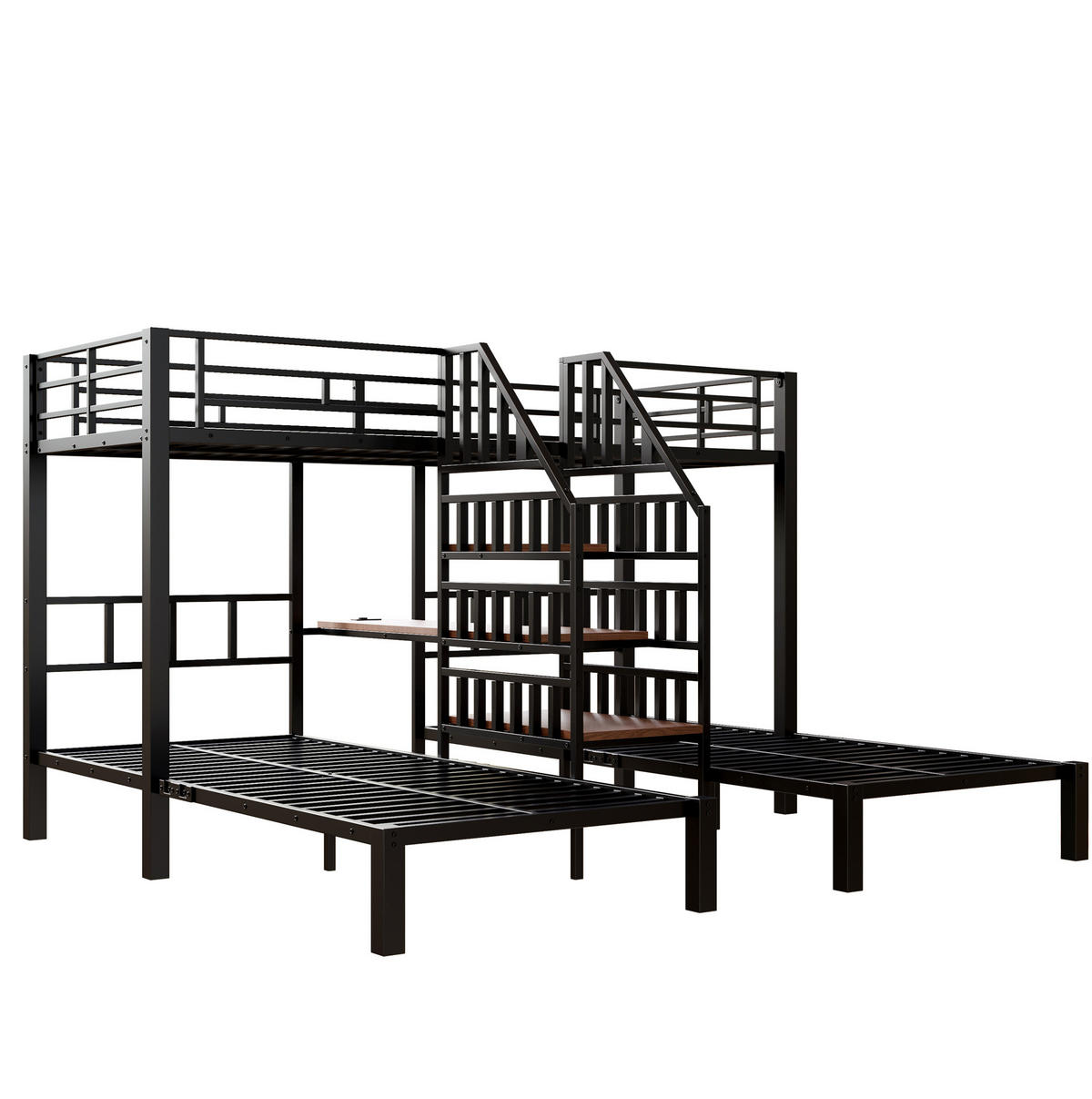 ETAGENBETT aus Metall und MDF 90x200 cm Schwarz für 3 Schlafplätze mit LED, Stauraumtreppe und Schreibtisch - Schwarz, Metall (90/200cm) - IVMEU