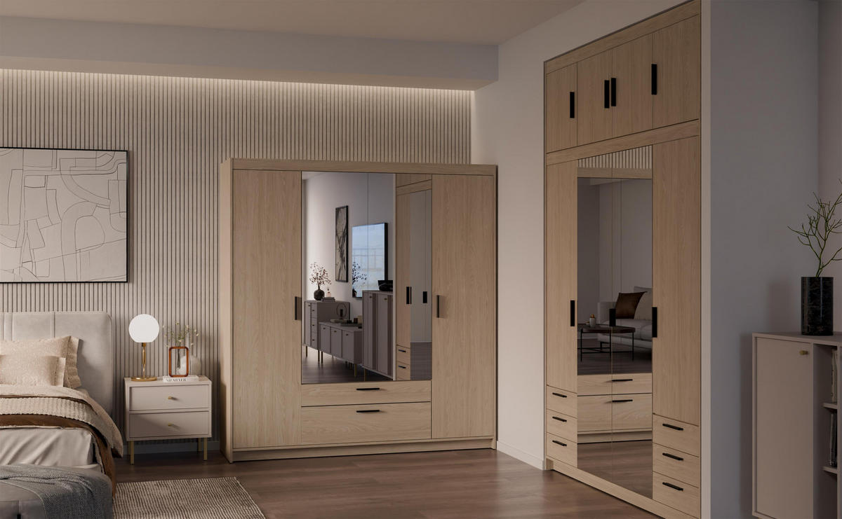 KLEIDERSCHRANK Storicos Geölte Eiche 176,3/190,5/53 cm - 4T2S Modern mit Schubladen und Spiegel - Eichefarben, Holzwerkstoff/Kunststoff (176.4/190.6/53cm) - AX Living