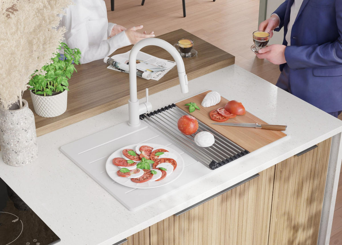 GRANITSPÜLE Kopenhagen, 2-er set Weiß 78/50 cm 1 Becken + Küchenarmatur 40/20 cm + Ablauf-Set + Schneidebrett ab 50er Unterschrank - Chromfarben/Beige, Kunststoff (78/20/50cm) - Primagran