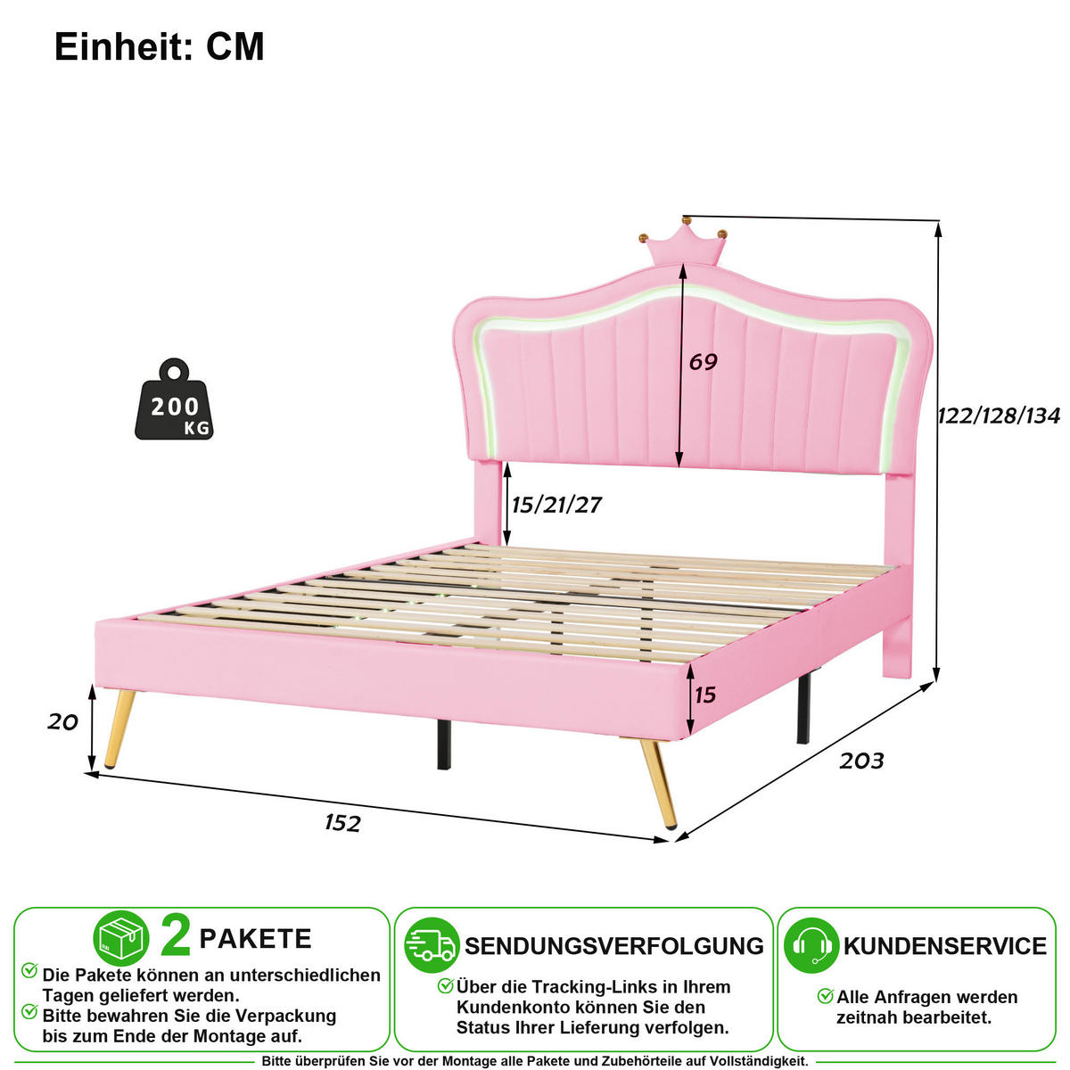 KINDERBETT 140/200 cm in Rosa mit LED und verstellbarem Kopfteil - Rosa, Holzwerkstoff/Textil (140/200cm) - CHICFURN
