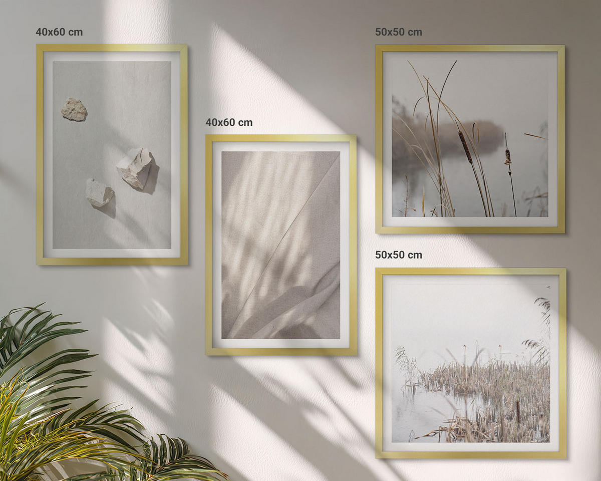 WANDBILDER 4er Set - 50x50 cm & 40x60 cm Goldrahmen - Nahaufnahmen der Struktur im Boho-Stil - Goldfarben, Kunststoff (50/50cm) - ArtPrintCave