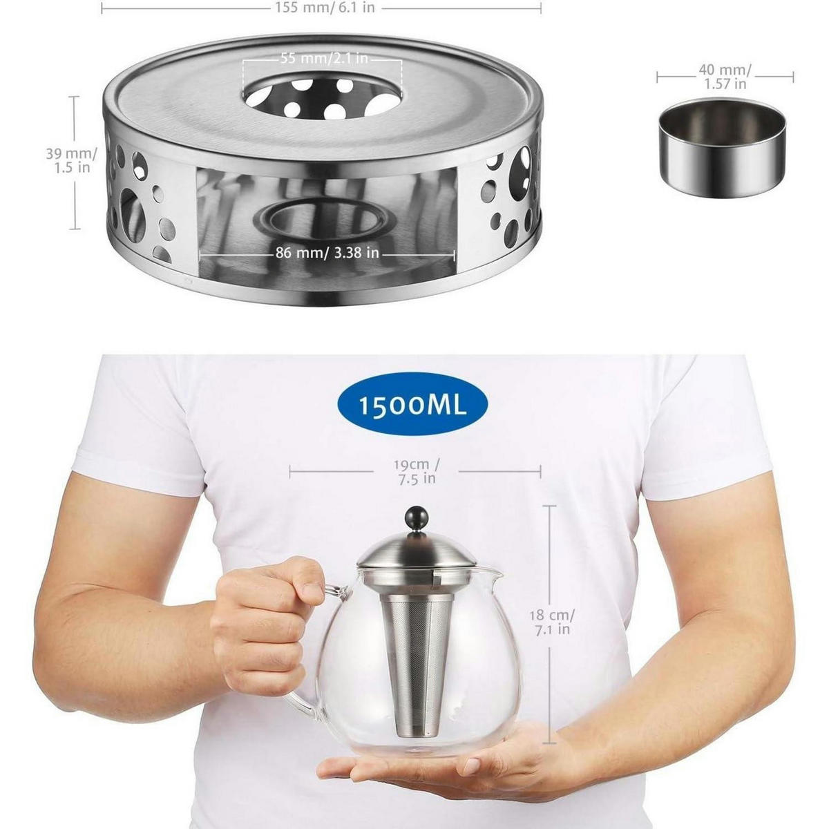 TEEKANNE mit Stövchen 1500ml Glas Edelstahl Silber - Transparent, Glas (19/19cm)