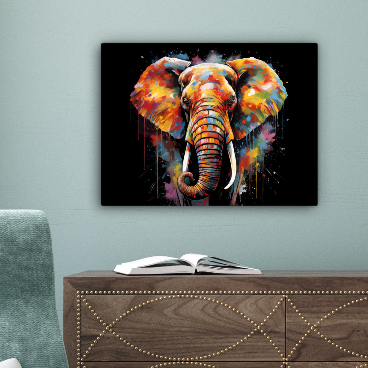 LEINWANDBILD Elefant - Graffiti - Schwarz - Tiere - Farben 40x30 cm - Schwarz, Textil (40/30cm) - MuchoWow