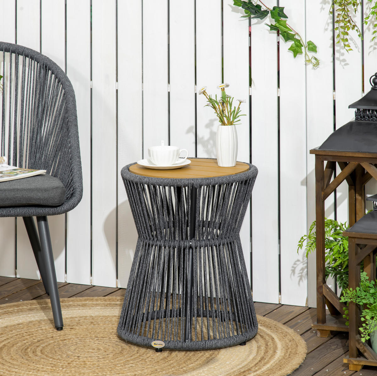 BEISTELLTISCH aus Aluminium 39x39x49 cm Dunkelgrau mit verstellbaren Füßen und PE-Rattan im Boho-Stil - Dunkelgrau, Metall (39/39/49cm) - Modfu