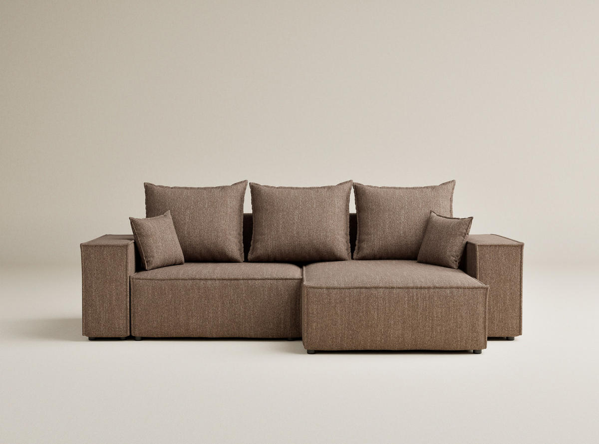 ECKSOFA MIT SCHLAFFUNKTION Moyo Hellbraun Webstoff - Hellbraun/Schwarz, Holz/Holzwerkstoff (255/148cm) - Maison de Reve