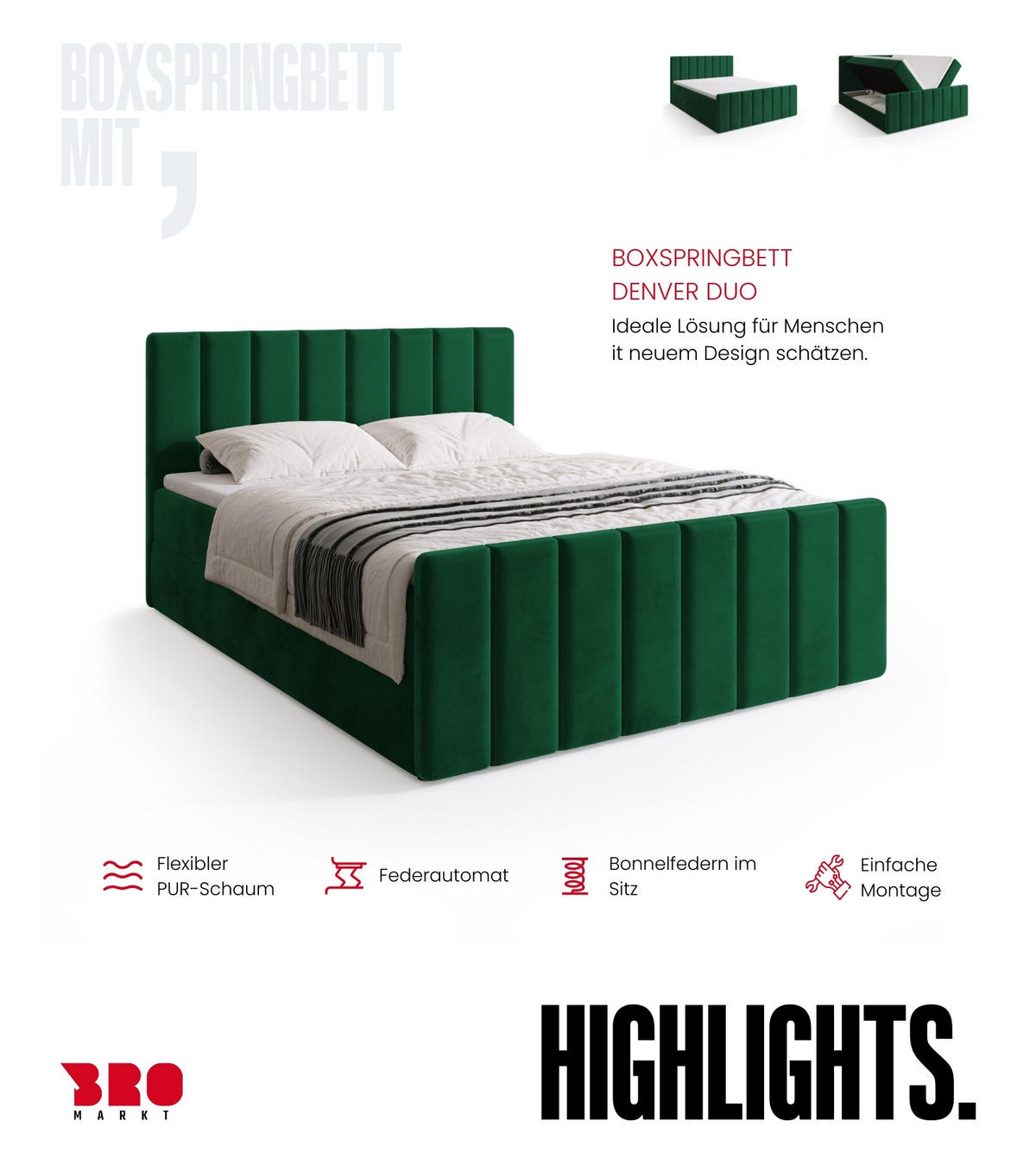 BOXSPRINGBETT Denver DUO mit Topper 140x200 Dunkelgrün - Dunkelgrün, Textil (140/200cm) - Bromarkt