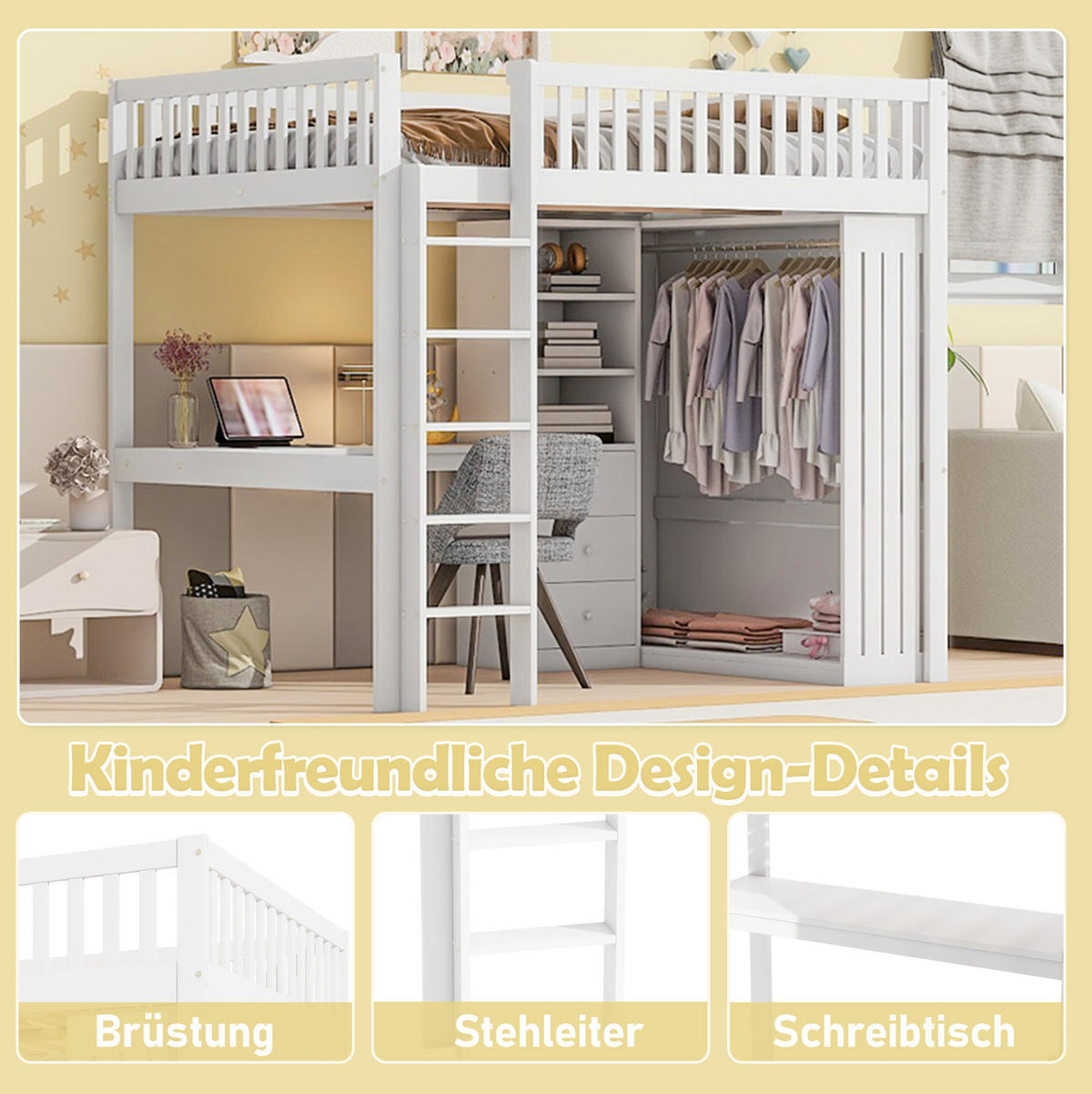 HOCHBETT 140/200 cm Weiß aus Kiefernholz und MDF mit Schreibtisch und Stauraum - Weiß, Holz (140/200cm) - OKMYHOME