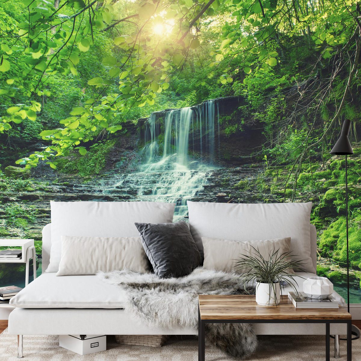 FOTOTAPETE für Schlafzimmer Türkisfarbener Wasserfall Wald Bäume Blätter Felsen 250x175 - Türkis/Blau, Papier (250/175cm) - Muralo